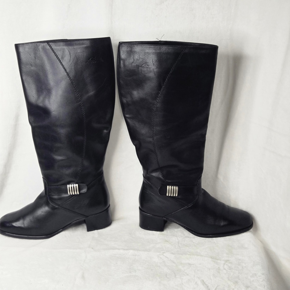 Regence Black Leather Knee High Boots Made in Canada Block Heel Size 8 35 4079